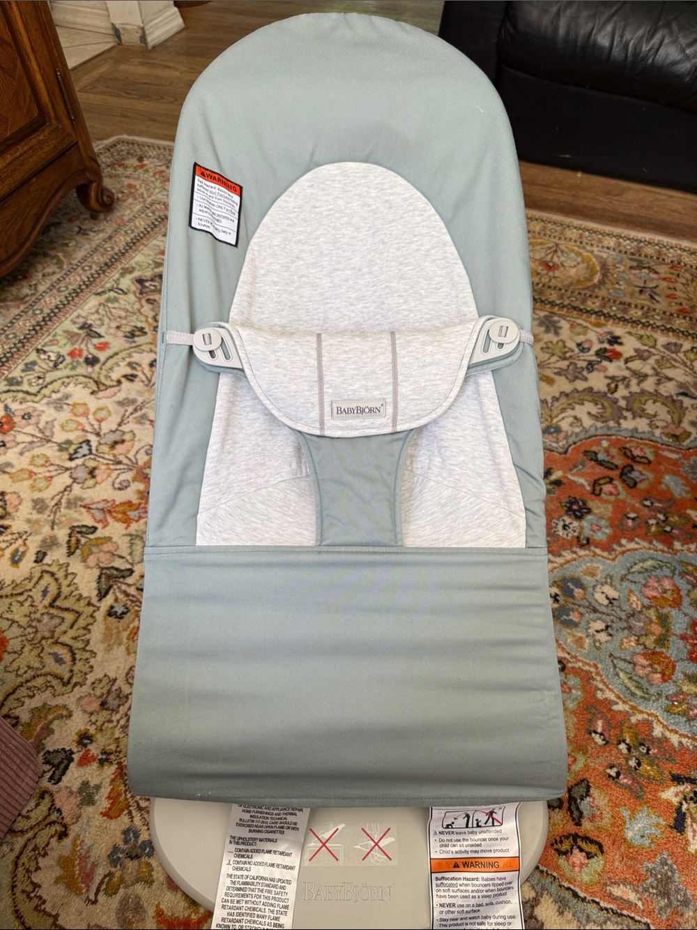 BabyBjorn Jersey Fabric Sage Green and Light Gray Bouncer Bliss